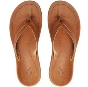 OluKai Kapehe Luana Leather Flip Flop Sandals Tan Size 9